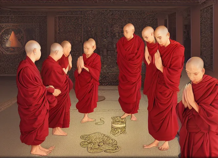 Image similar to buddhist monks dispelling evil spirits with the power of prayer, digital painting masterpiece, trending on artstation and pixiv