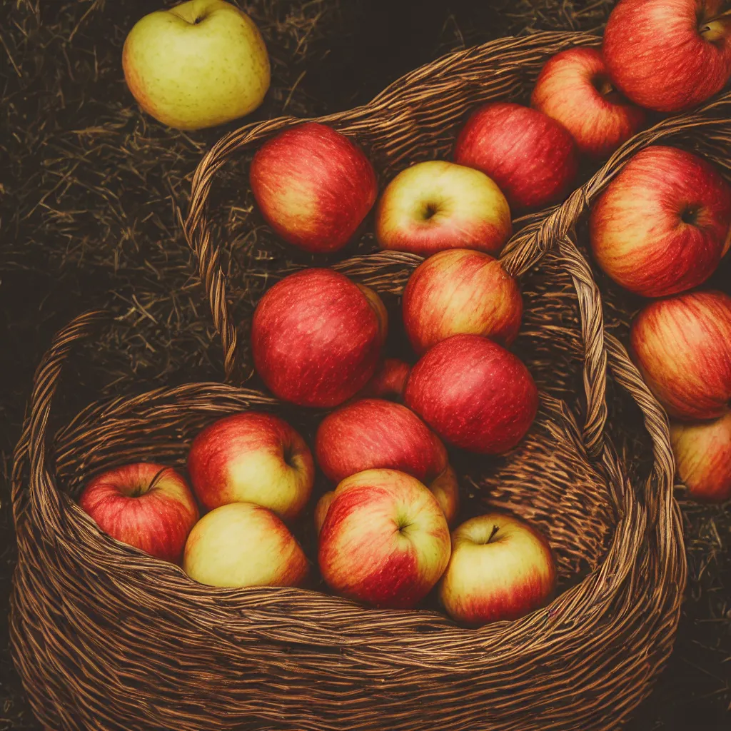 Prompt: a wicker basket containing apples, bokeh, ultra realistic, photorealistic, photography, f / 2. 8, moody lighting