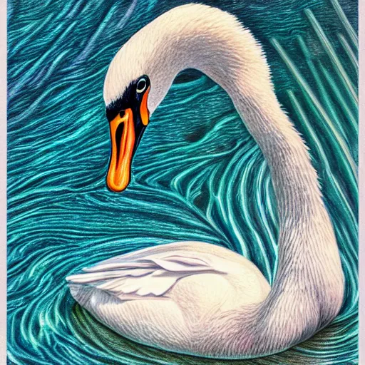 Image similar to Colored pencil art , Swan swimming in the pon, highly detailed, artstation, MasterPiece, Award-Winning, Caran d'Ache Luminance