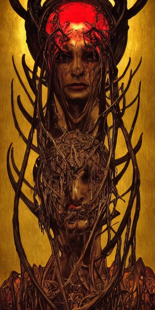 Image similar to intense glowing black metal pagan god with horns and veins and intense glowing eyes and a blood skull in very dark wooden cathedral by beksinski and alphonse mucha and artgerm and karol bak, portrait, fantasy, clear, light beams, lens flare, intense, uhd, amazing depth, cinematic lighting, shining gold and black and red