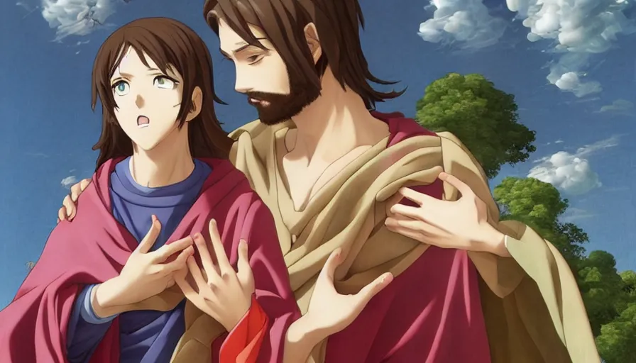 Image similar to jesus christ our lord and savior blessing a cute anime gir, photorealistic, anime, renaissance painting, hyper real, detailed, wide angle shot