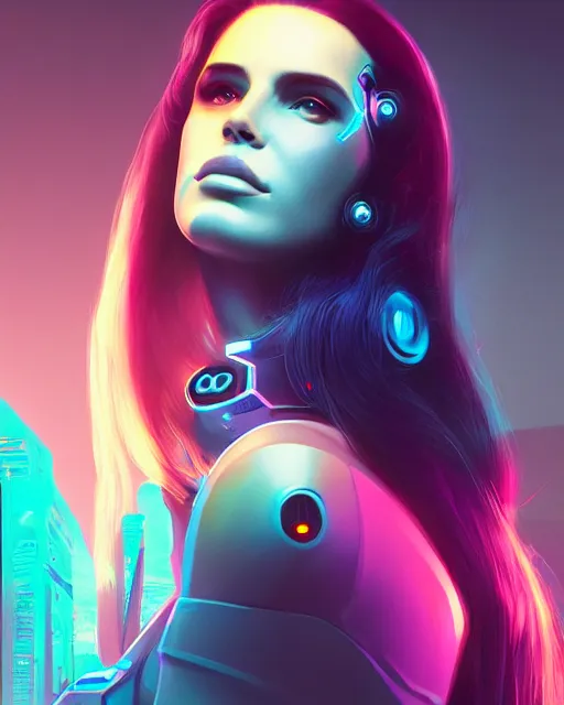 Image similar to portrait of cyborg lana del rey. intricate abstract. intricate artwork cyberpunk by tooth wu, wlop, beeple, dan mumford. octane render, trending on artstation, greg rutkowski ruan jia, cinematic lighting, hyper realism, high detail, octane render, 8 k, key art, blue and pink, iridescent accents