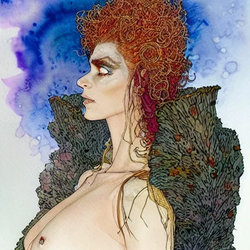 Prompt: a realistic and atmospheric watercolour fantasy character concept art portrait of a freckled incredibly beautiful woman in 8 0 s haute couture fashion clothes as a druidic warrior wizard looking at the camera with an intelligent gaze by rebecca guay, michael kaluta, charles vess and jean moebius giraud