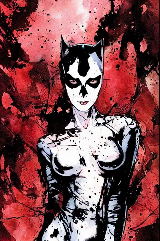 Prompt: comic cover art by david mack and greg rutkowski, catwoman full body, tight fit, vivid vector colors, russian female, perfectly symmetrical facial features, hyperdetailed, bleed, spatter, india ink, bill sienkiewicz