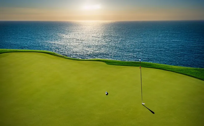 Image similar to a great photograph of the most amazing golf hole in the world, incredible light, cliffs by the sea, perfect green fairway, human perspective, ambient light, 5 0 mm, golf digest, top 1 0 0, fog