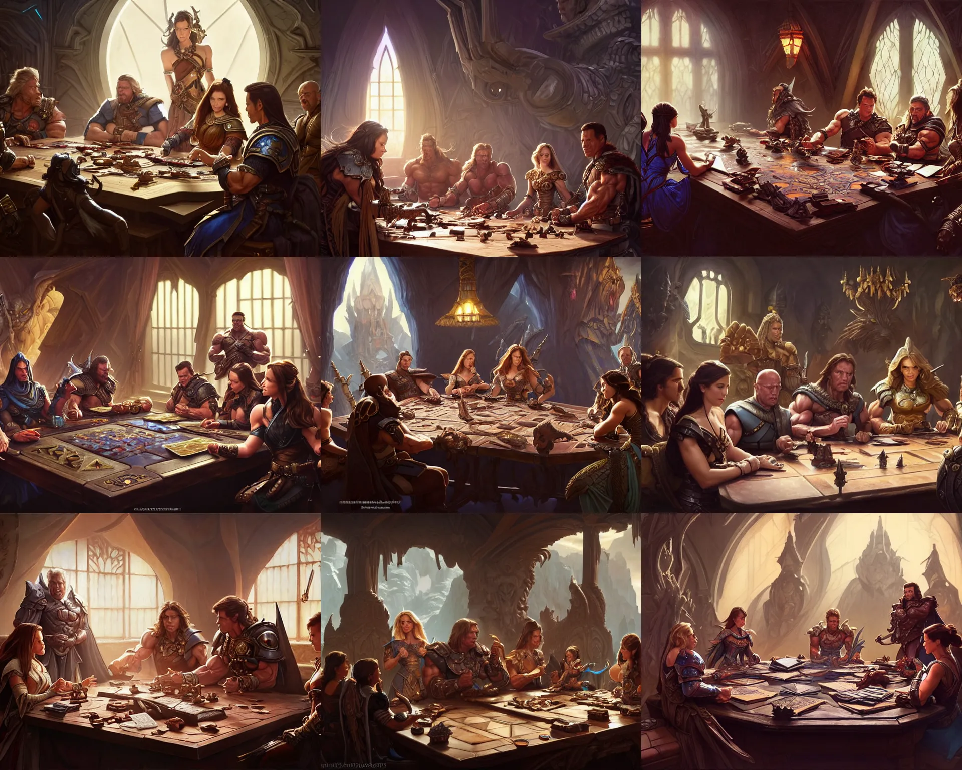 Prompt: film still dnd, schwarzenegger, beckinsale, theron, lawther sit at table playing dnd, deep focus, d & d, fantasy, intricate, elegant, highly detailed, digital painting, artstation, concept art, matte, sharp focus, illustration, hearthstone, art by artgerm and greg rutkowski and alphonse mucha