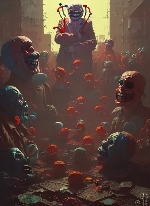 Image similar to masterpiece concept art, neon scary clowns, by greg rutkowski and geof darrow, 8 k, intricate detail, cinematic lighting