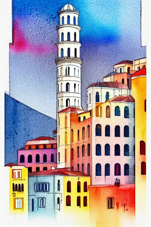 Prompt: minimalist colorful watercolor line art of galata tower istanbul, art deco, cityscape, matte drawing, poster art