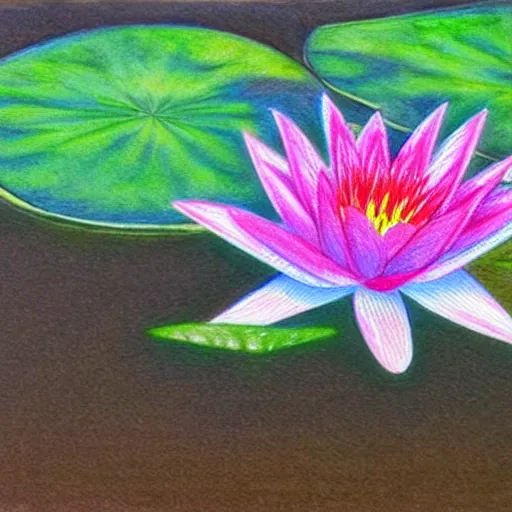 Image similar to a color pencil painting of a waterlily, floral painting, textile