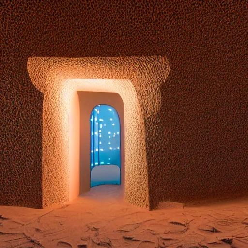 Prompt: a building buried in a desert dune, surreal, neon lights, james turrel, minimalist architecture,