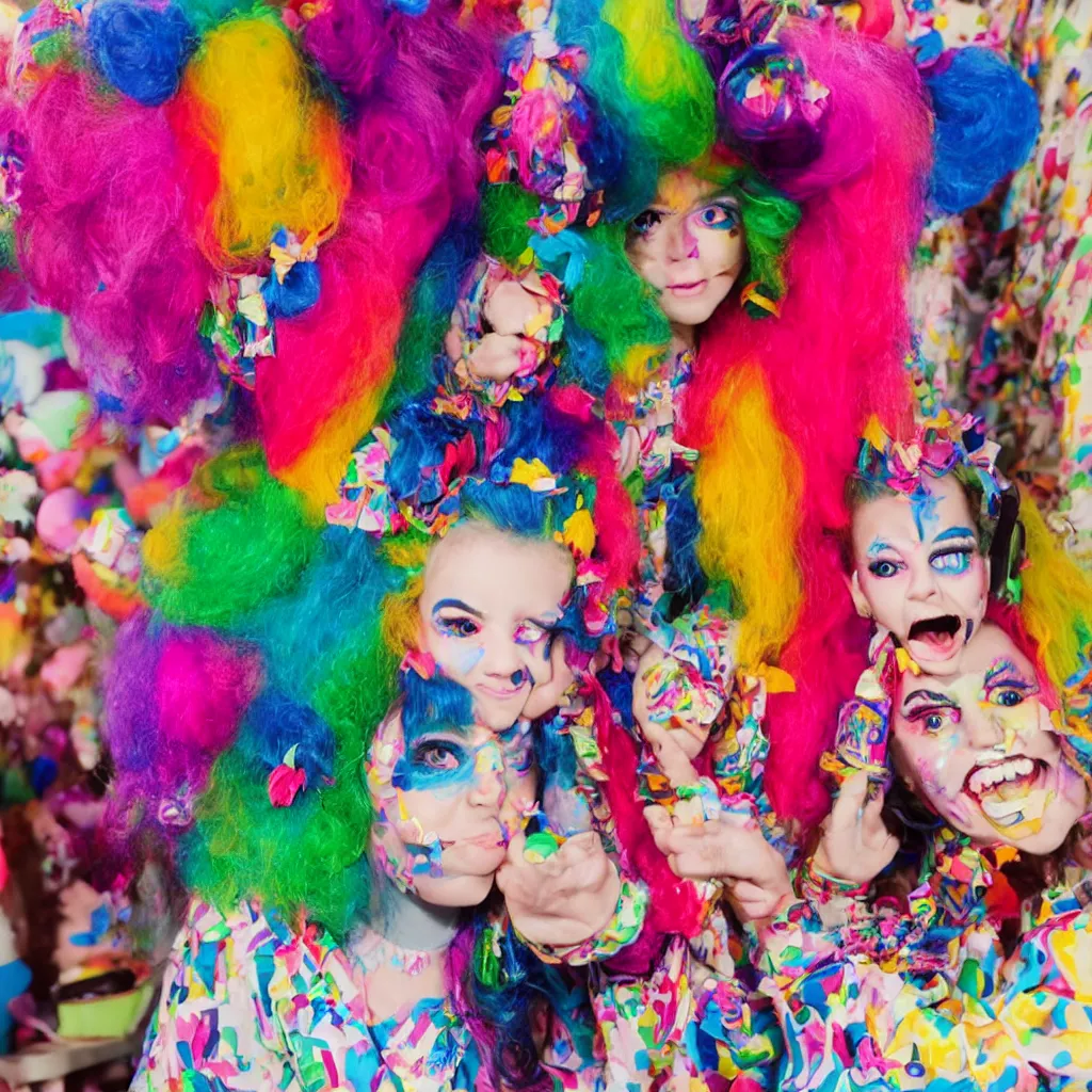 Image similar to a funny humanoid with big colorful hair wearing exaggerated makeup and colorful oversized garments, full body portrait, at a child's birthday party, polaroid