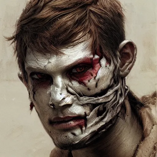 Prompt: portrait painting of young man with severe burn scars on his face and poorly cut short hair with a severe expression wearing tattered leather armor, ultra realistic, concept art, intricate details, eerie, highly detailed, photorealistic, octane render, 8 k, unreal engine. art by artgerm and greg rutkowski and charlie bowater and magali villeneuve and alphonse mucha