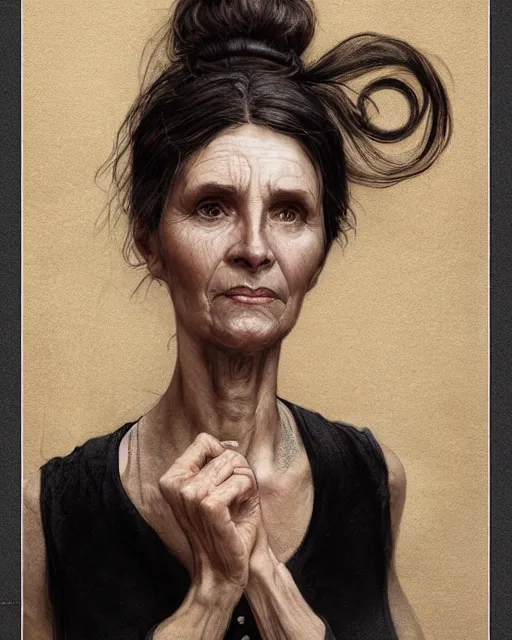 Image similar to portrait 6 0 - year - old woman, tall, severe - looking, with dark hair tied up in a bun, wearing in black clothes, hyper realistic face, beautiful eyes, fantasy art, in the style of greg rutkowski, intricate, alphonse mucha, hyper detailed, smooth