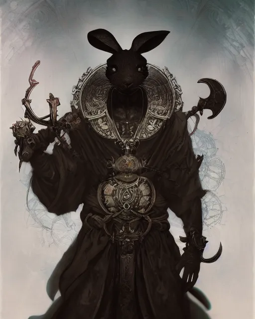 Image similar to Anthropomorphized black rabbit monk, centered, portrait, Path of Exile, Diablo, Warhammer, digital painting, highly detailed, concept art, Nekro, Peter Mohrbacher, Alphonse Mucha, Brian Froud, Yoshitaka Amano, Kim Keever, Victo Ngai, James Jean