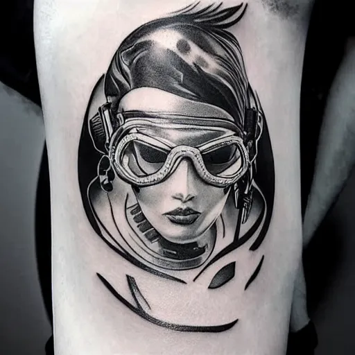 Prompt: cyberpunk underwater diver, black and white tattoo design, stencil, on white skin, by artgerm