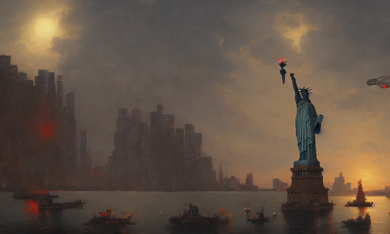 Image similar to statue of liberty with a cycloptic robot head looking over the harbor, by asher brown durand, trending on artstation, 8 k resolution, red lights, cyberpunk, demonic symbols