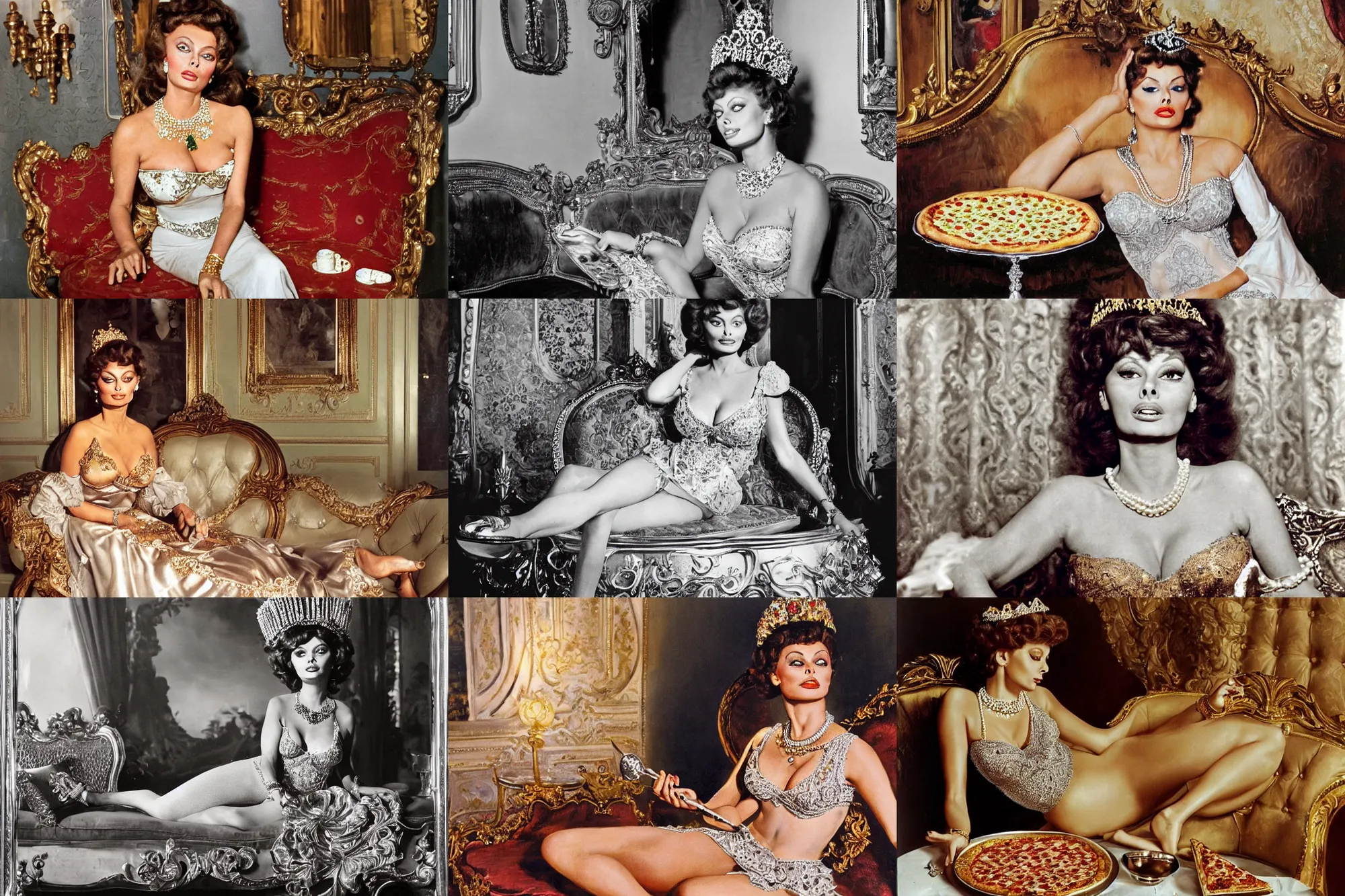 Prompt: young sophia loren having pizza served on a silver platter, relaxed pose on antique luxury sofa, intricate ornamented tiara, opulent pearl necklace, laced dress, golden lighting, perfectly lit face, symmetrical details, extremely hight detailed burlesque paintbrush painting