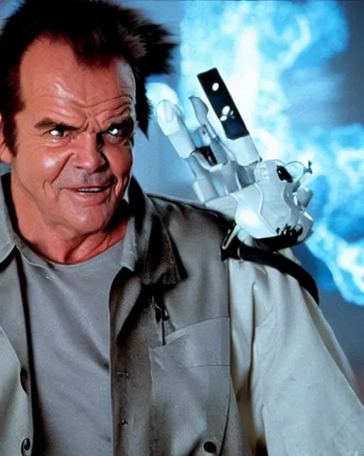 Prompt: Jack Nicholson plays Pikachu Terminator, scene where his inner exoskeleton is visible and his eye glows red, film poster