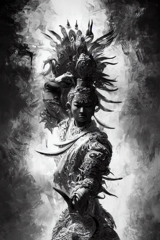 Image similar to chinese god, portrait, fierce, intricate, elegant, black and white volumetric lighting, scenery, digital painting, highly detailed, artstation, sharp focus, illustration, concept art, ruan jia, steve mccurry
