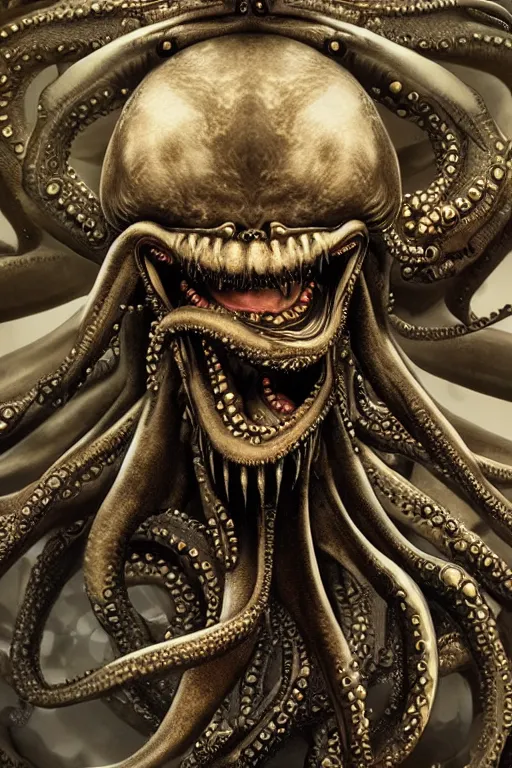 Image similar to a spectacular wideangle photorealistic, detailed closeup portrait of angry giger alien with a octopus head and golden jewelery, digital art