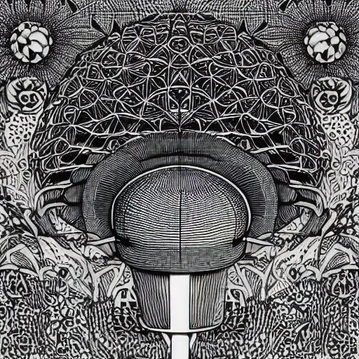 Image similar to Geometrically surreal Mushroom, extremely high detail, photorealistic, intricate line drawings, dotart, album art in the style of James Jean