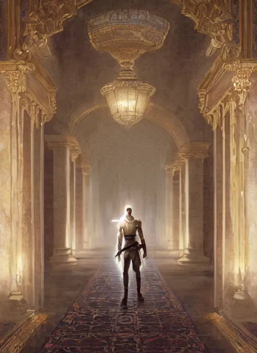 Image similar to a young man with wide, intense eyes, standing in the hallway of a palace. he is bald and clean shaven, dressed entirely in white and holding a huge sword. the hallway is lit by glowing gemstones in lanterns. painting by greg rutkowski and raymond swanland