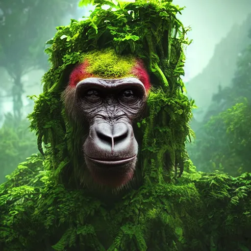 Image similar to cinema 4D colorful render, utopian jungle in space , old decaying statue of ape, a detailed zoned in human anatomy veins, nature, heavy green, dramatic lens flares, apes hanging from vines, a evil dark sun , depth field, unreal engine, sharp, incredible detail, professional composition, quality digital art, 4k, 4k concept art and hyper realism