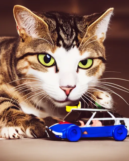 Prompt: high quality presentation photo of a cat biting a toy car, photography 4k, f1.8 anamorphic, bokeh, 4k, Canon, Nikon