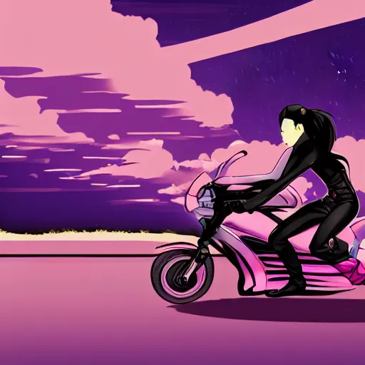 Prompt: beautiful female ninja riding a motorcycle on the highway, big clouds, vaporwave, illustration