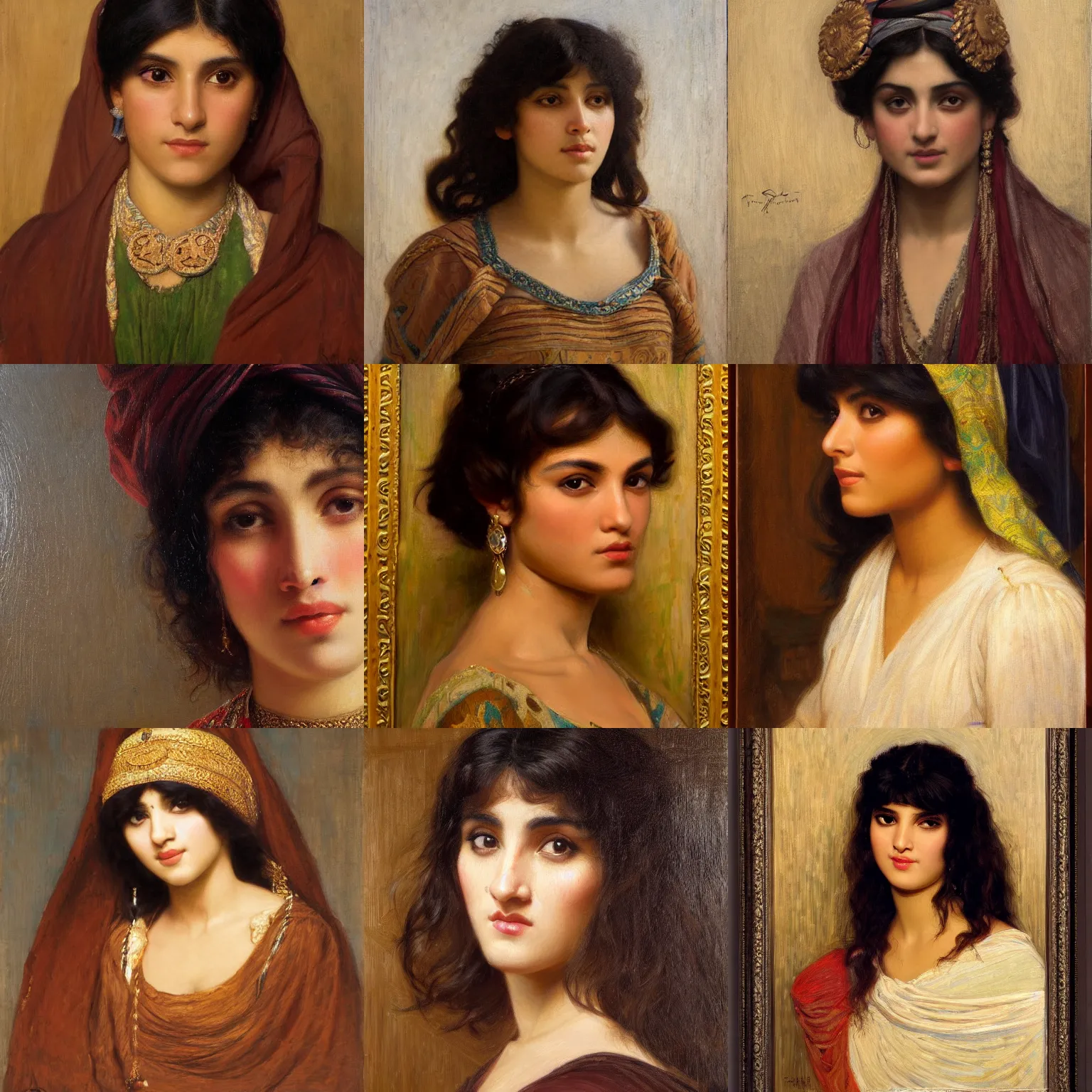 Prompt: orientalism face portrait of a cute Arab woman with bangs and curls and brown skin by Edwin Longsden Long and Theodore Ralli and Nasreddine Dinet and Adam Styka, masterful intricate artwork. Oil on canvas, excellent lighting, high detail 8k