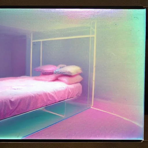 Image similar to a pastel coloured Polaroid photo of a bed made of transparent iridescent perspex stood in a field, beams of light, nostalgic