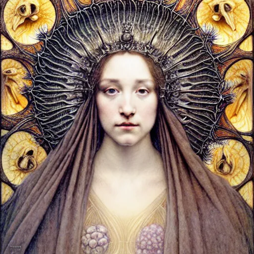 Prompt: detailed realistic beautiful young medieval queen face portrait by jean delville, gustave dore, iris van herpen and marco mazzoni, art forms of nature by ernst haeckel, art nouveau, symbolist, visionary, gothic, pre - raphaelite, horizontal symmetry