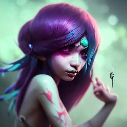 Prompt: Portrait of Neeko from league of legends, anger, mystery, fear, highly detailed, ominous vibe, smoke, octane render, cgsociety, artstation, trending on ArtStation, by Marie Magny