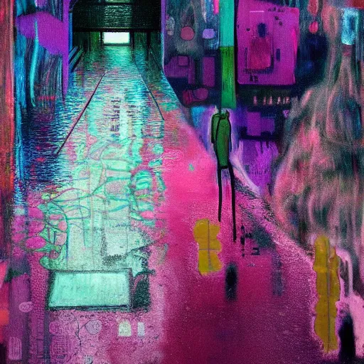 Prompt: rain like a dream, oil painting, cyberpunk, basquiat + francis bacon + gustav klimt + beeple, elevated street art, fantasy lut, textural, pink, blue, purple, green,
