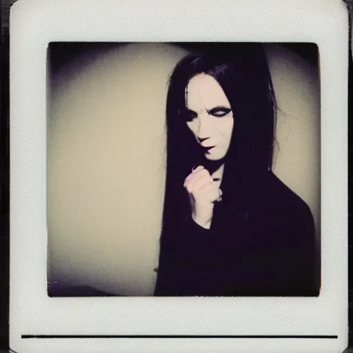 Image similar to polaroid depicting an emo woman as an exhibit in an art gallery