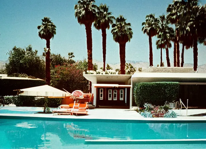 Prompt: a detailed photograph of a palm springs backyard pool in the 1 9 7 0 s by slim aarons, photoreal, 4 k, mist