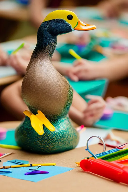 Prompt: a cute mallard duck at a summer camp, enjoying craft activities at the crafts table