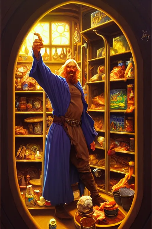 Prompt: classic oil painting, a wizard, as a dnd character, inside of a cluttered meat freezer, highly detailed, digital illustration, concept art, smooth, sharp focus, art by tim hildebrandt, and greg hildebrandt