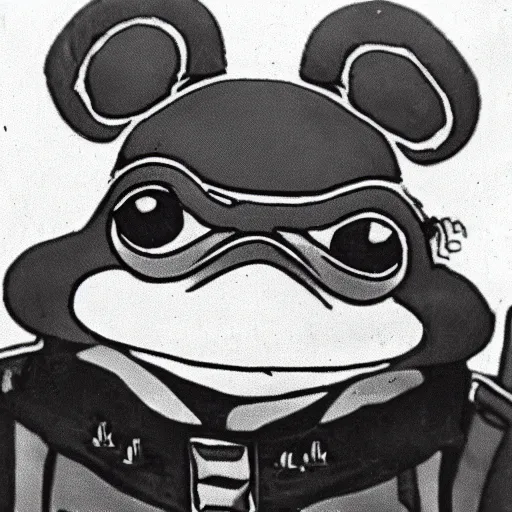 Prompt: a close up photo of pepe the frog in ww 2, historical photo,