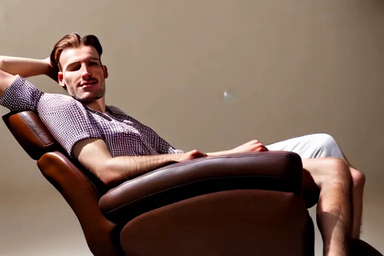 Image similar to a caucasian man relaxing on a brown reclined leather chair