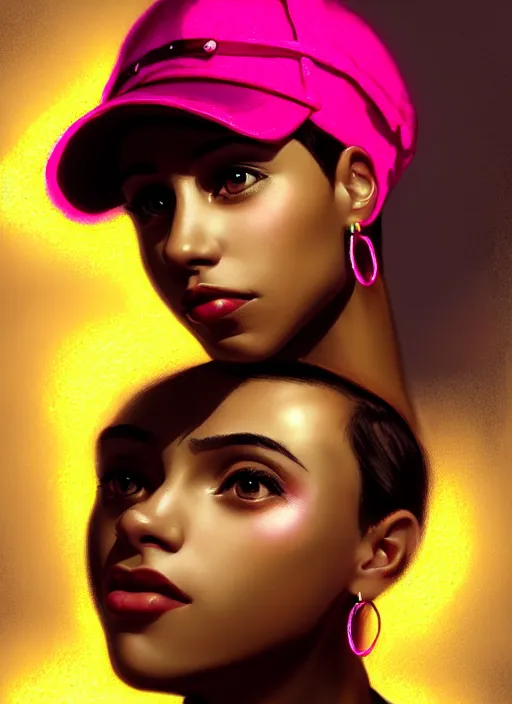 Image similar to portrait of teenage vanessa morgan with bright pink hair, black girl, vanessa morgan, curly pixie cut hair, wearing newsboy cap, newsboy cap, hoop earrings, intricate, elegant, glowing lights, highly detailed, digital painting, artstation, concept art, smooth, sharp focus, illustration, art by wlop, mars ravelo and greg rutkowski