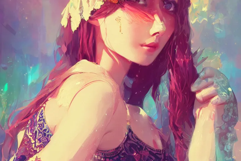 Image similar to a beautiful bohemian girl, intricate, highly detailed, digital painting, Pixiv, Artstation, official media, anime key visual, concept art, rich vivid colors, ambient lighting, sharp focus, illustration, art by WLOP