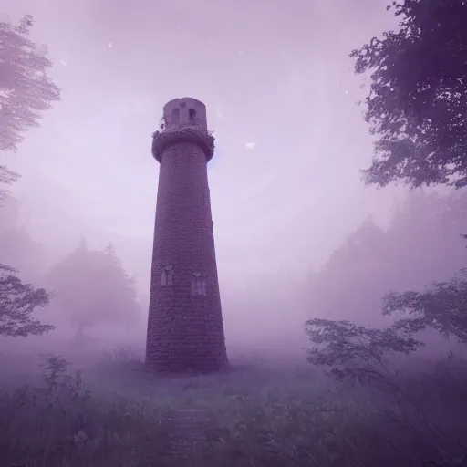 Image similar to wide angle shot of a ancient tower in a clearing of a fairytale forest, ethereal, pastel tones, mist and fog, concept art, blender render, highly detailed, 4 k, 8 k, artstation