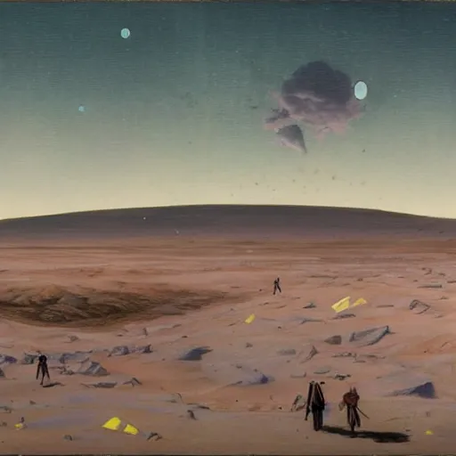 Image similar to enchanted meadows on a plateau melting landscape on Mars by Neo Rauch, break of dawn, lights in distance, Greg Rutkowski