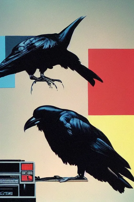 Prompt: a raven drowning in 8 0 s era technology, vintage shapes, retro technology, soft color, wayne barlow, oil on canvas, deep depth of field, masterpiece, cinematic composition, hyperdetailed