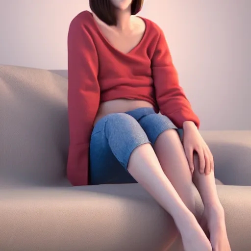 Image similar to 3 d render of a cute thin young woman, red blush, wearing casual clothes, small smile, relaxing on a couch, cozy under a blanket, cozy living room, medium shot, 8 k, octane render, trending on artstation, art by artgerm, unreal engine 5, hyperrealism, hyperdetailed, ultra realistic