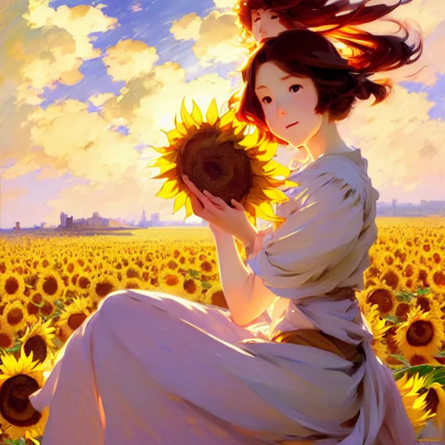 Image similar to beautiful sunflower anime girl, clouds, krenz cushart, mucha, ghibli, by joaquin sorolla rhads leyendecker, by ohara koson