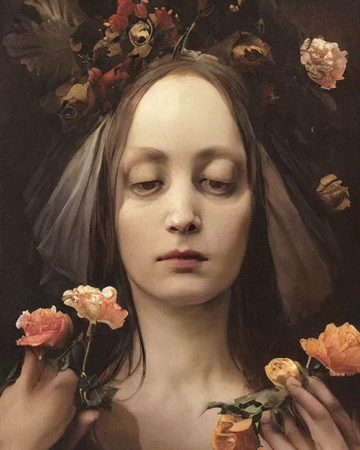 Image similar to a beautiful and eerie baroque painting of a beautiful but serious woman in layers of fear, with haunted eyes and dark hair piled on her head, 1 9 7 0 s, seventies, floral wallpaper, wilted flowers, a little blood, morning light showing injuries, delicate embellishments, painterly, offset printing technique, by brom, robert henri, walter popp