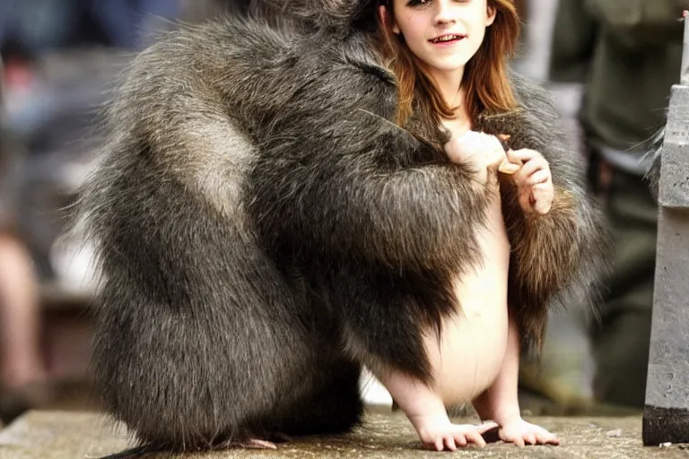 Image similar to 9, photo, emma watson as anthropomorphic furry - rat, 2 8 6 5 5, she is a real huge fat rat with rat body, cats! are around, eating cheese, highly detailed, intricate details