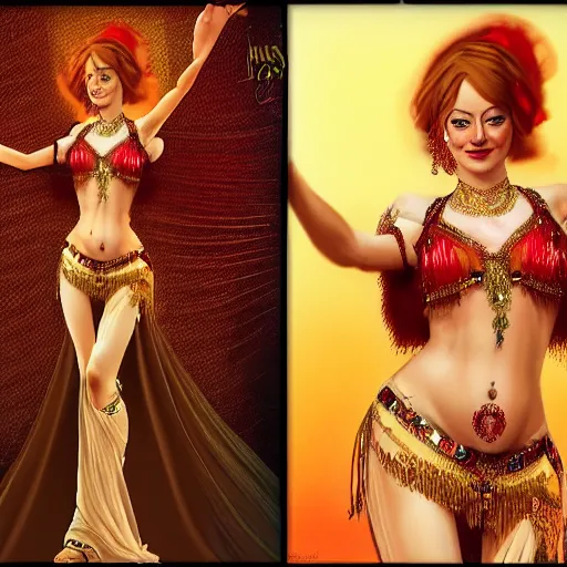 Prompt: a photorealistic portrait of emma stone dressed as a belly dancer, arabian night, high quality, fully detailed, 4 k, in focus sharp face with fine details, realistic hand details and anatomy, inspired by belly dancer on youtube, alphonse mucha, masterpiece, stunning, artstation